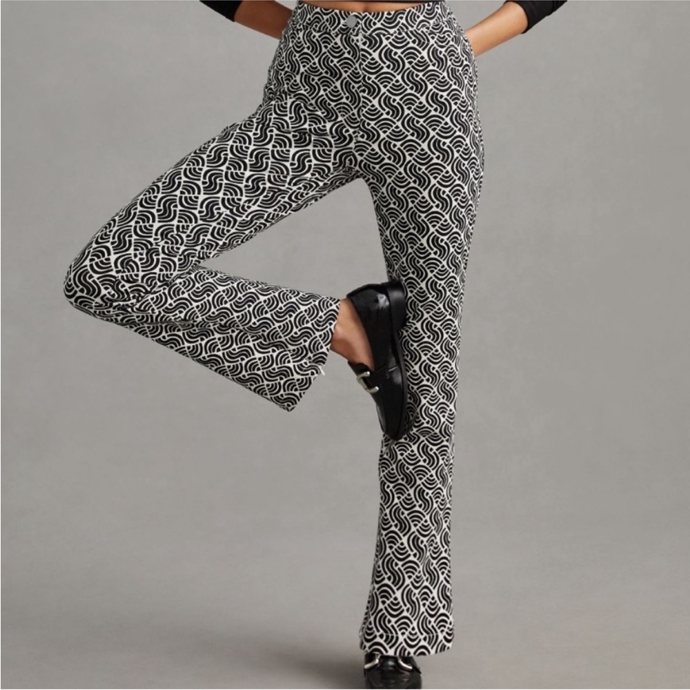 Maeve by Anthropologie Black White Geometric Flare Pants Size 12 - Picture 3 of 8